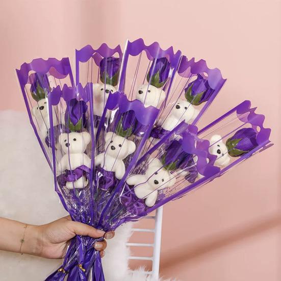 Cute Bear Rose Bouquet Transparent Packaging Bear Rose Bouquet Romantic Single Rose Bear Gift for Valentine Day Mother Day