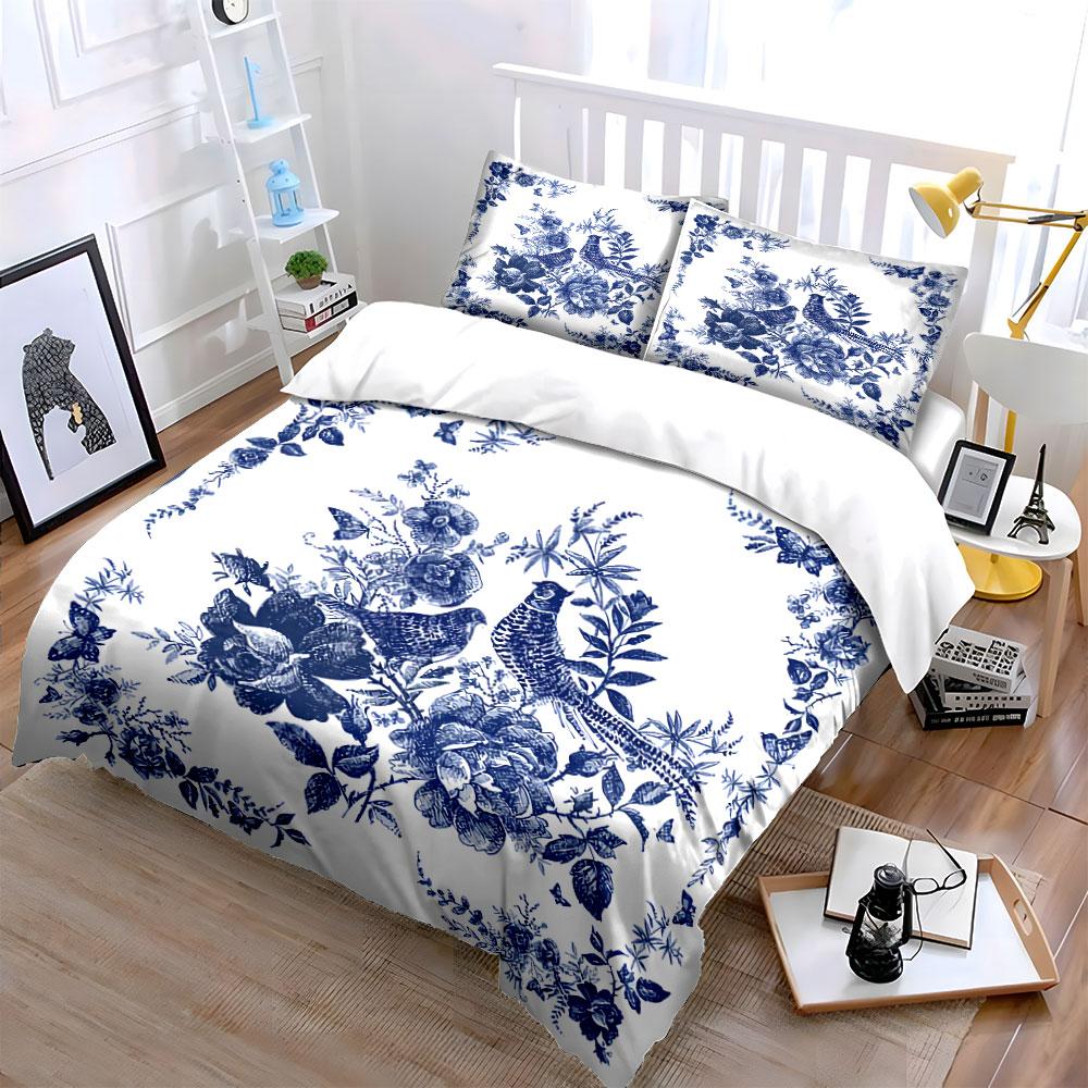 Blue Floral Birds Pattern Bedding Duvet Cover Set Duvet Cover Pillowcases (1*Duvet Cover 2*Pillowcases, Without Duvet Insert)