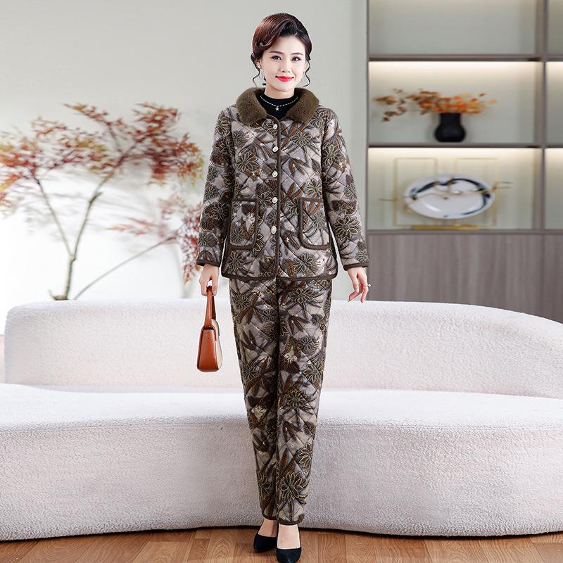 Chic Winter Cotton Outfit: Velvet-Lined Jacket & Pants Set for Middle-Aged and Elderly Women