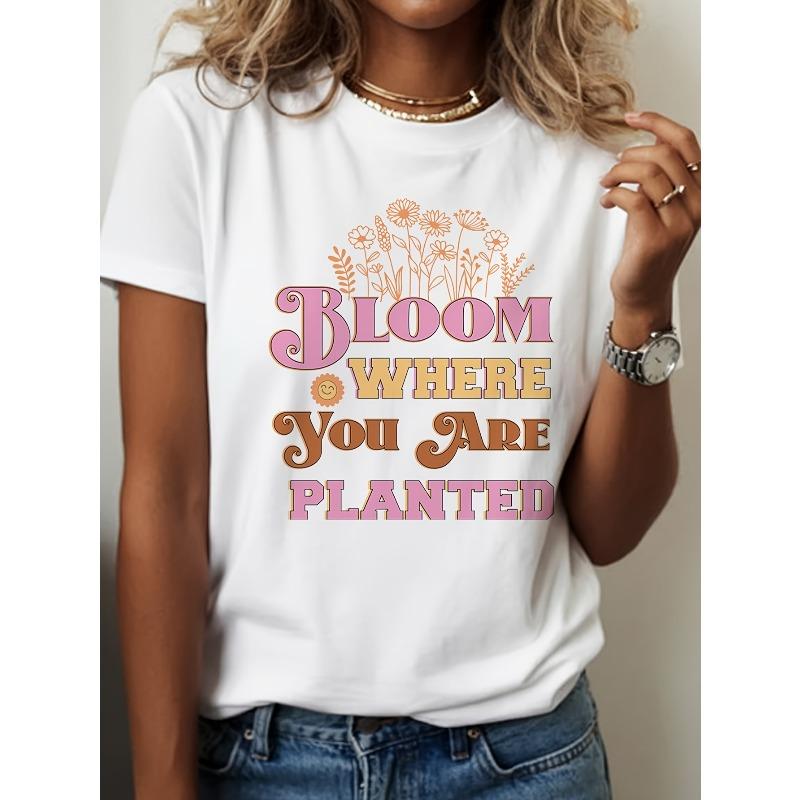 Women s Bloom Where You Are Planted Floral T-Shirt Pink Green Print Casual Short Sleeve Summer Gardening Tee S белый