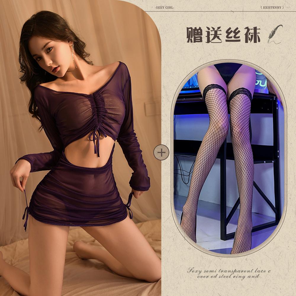 Sex Unterwäsche Perspektive Langarm Hüfte Wickelkleid Leidenschaft Hot Sexy Uniform Verführung Pyjama Set