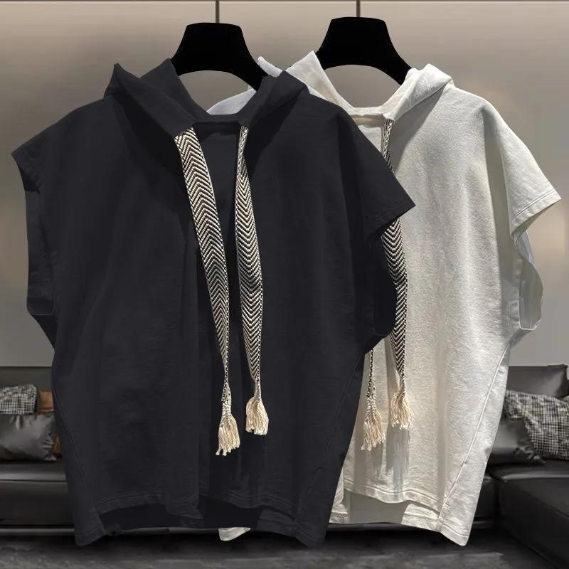 Hooded Sleeveless T-shirt Men's Summer New Plus Size Solid Color Loose All-match Vest Tops Street Casual Fashion Men Clothing