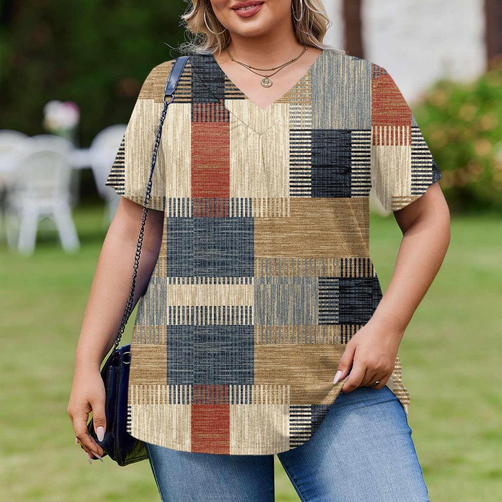 Women's Plus Size Fashionable Casual Loose-Fit Short Sleeve Elegant V Neck Blouse For Work