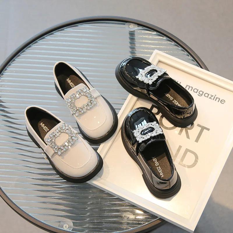 Girls Square Rhinestone Loafers Patent Leather Slip On Shoes for Children Black Loafer Platform Oxford Shoes Kids Flats