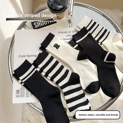 5 Pairs of Female Spring and Summer New Embroidery Stripe Simple and Breathable In The Tube Pile Socks