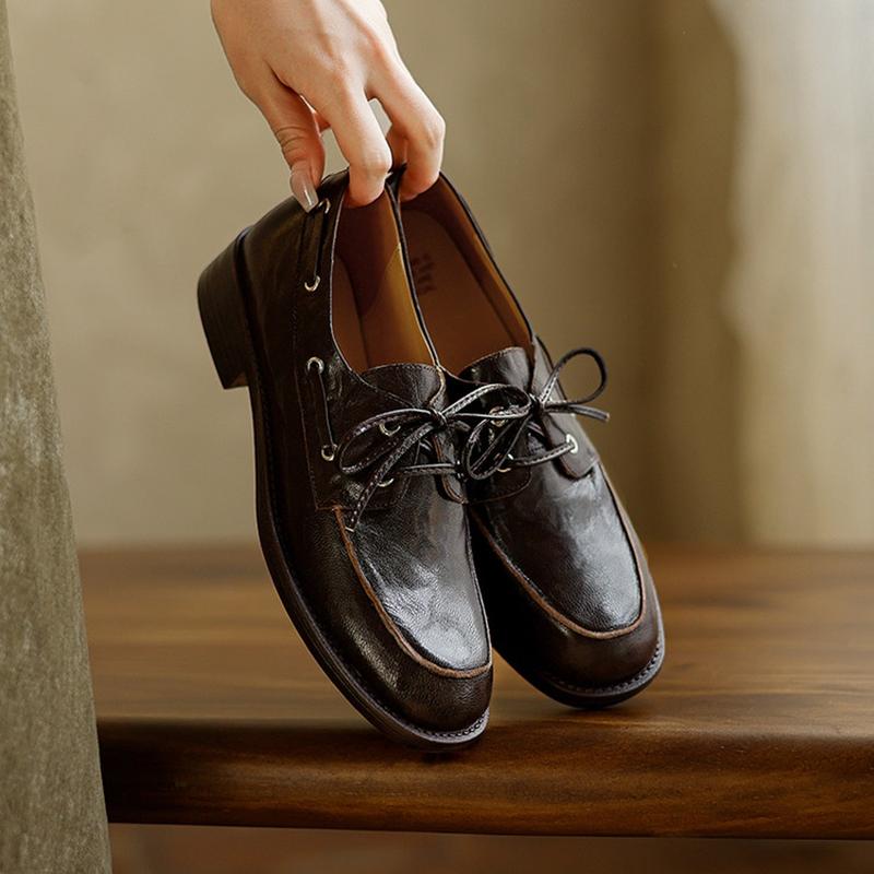 Fashion NEW Spring/Autumn Women Loafers Round Toe Chunky Heel Shoes Genuine Leather Shoes for Women Lace-up Women Pumps Handmade Shoes