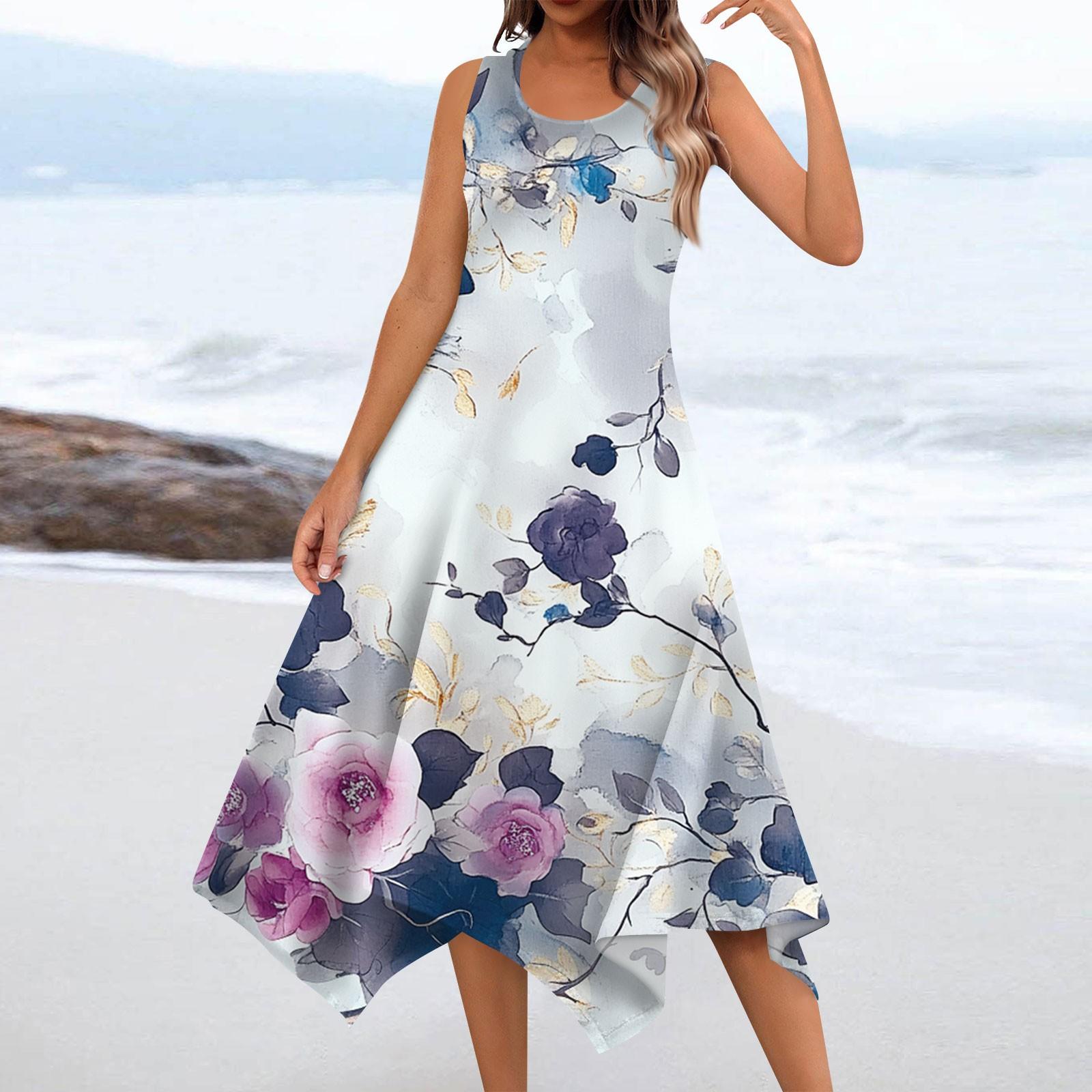 

Женское повседневное модное платье миди без рукавов с круглым вырезом и цветочным принтом, нерегулярный подол XXL