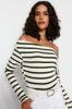 Women's Fashion New Blouse Black White Striped Premium Soft Fabric Fitted Boat Neck Stretchy Knitted Blouse