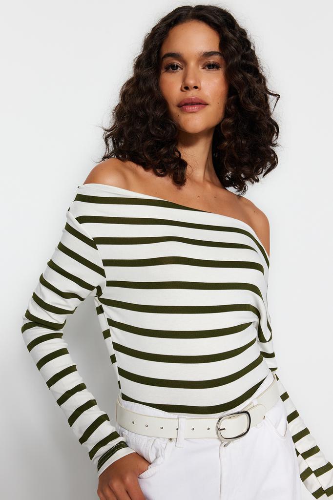 Women's Fashion New Blouse Black White Striped Premium Soft Fabric Fitted Boat Neck Stretchy Knitted Blouse