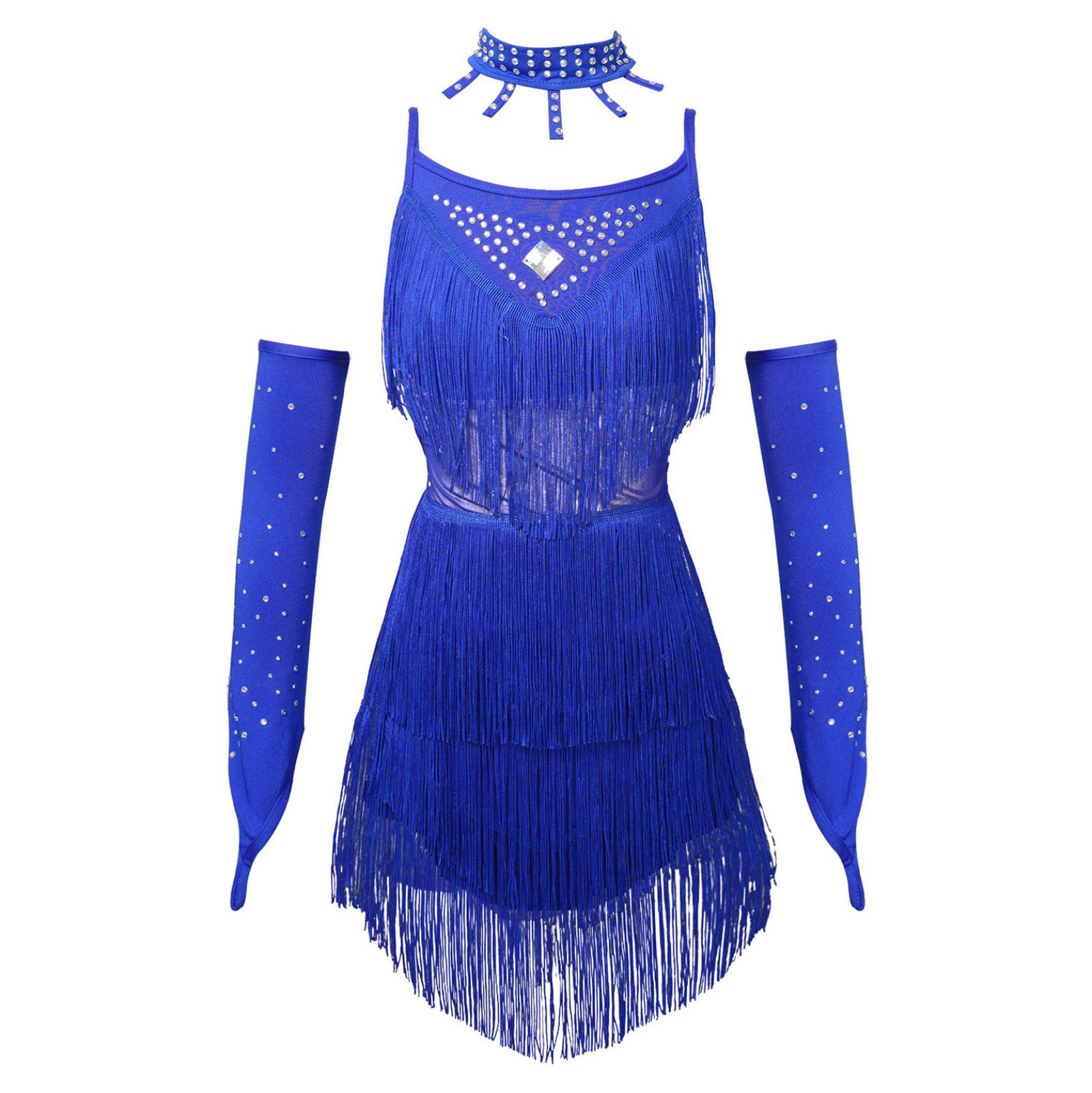 

4 шт. Танцевальный костюм с кисточками, платье с шортами-боксерами, рукавами и воротником, комплект для детей, девочек, костюм для выступлений 12-14 Years синий