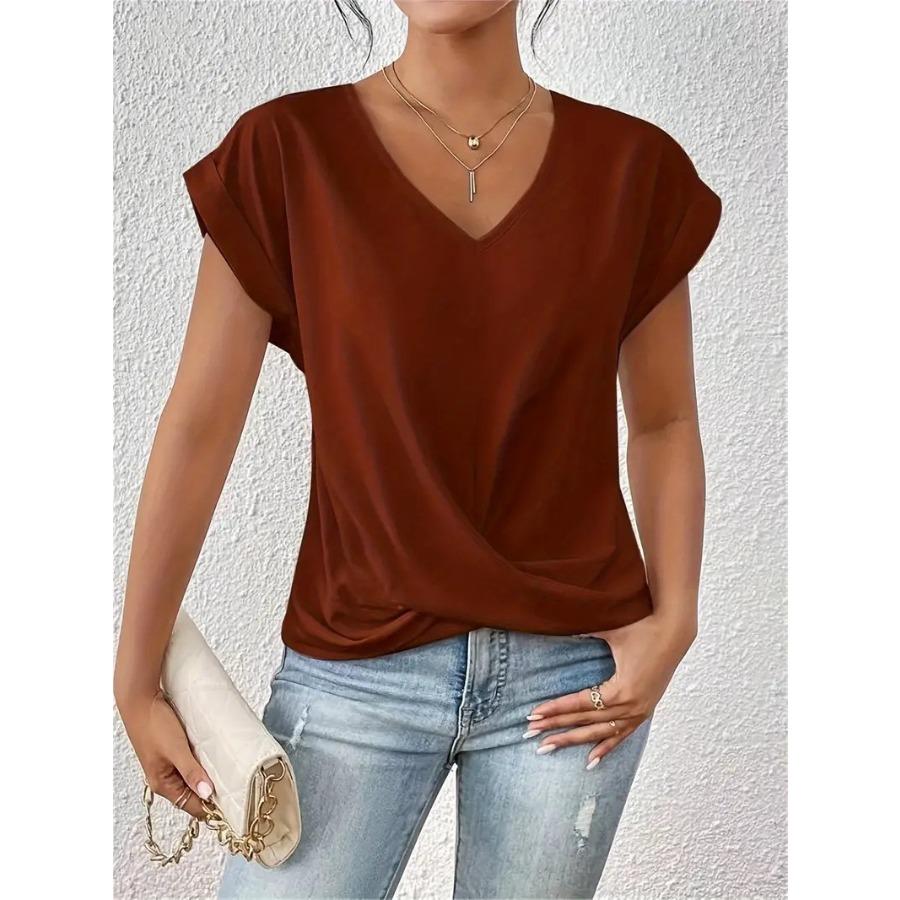 Elegant Short Sleeved Top for Spring and Summer Solid Color V-neck Women's T-shirts