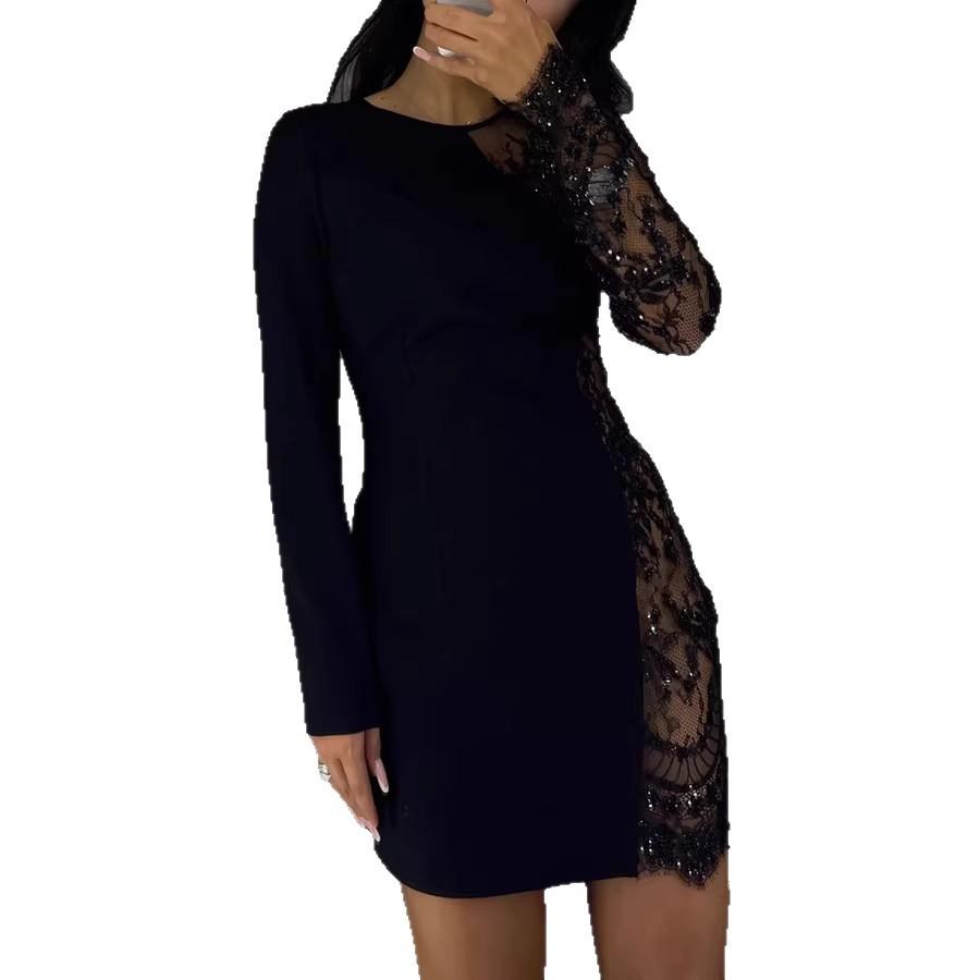 European and American women's dress round neck long sleeve hollow lace sleeve splicing slim fit
