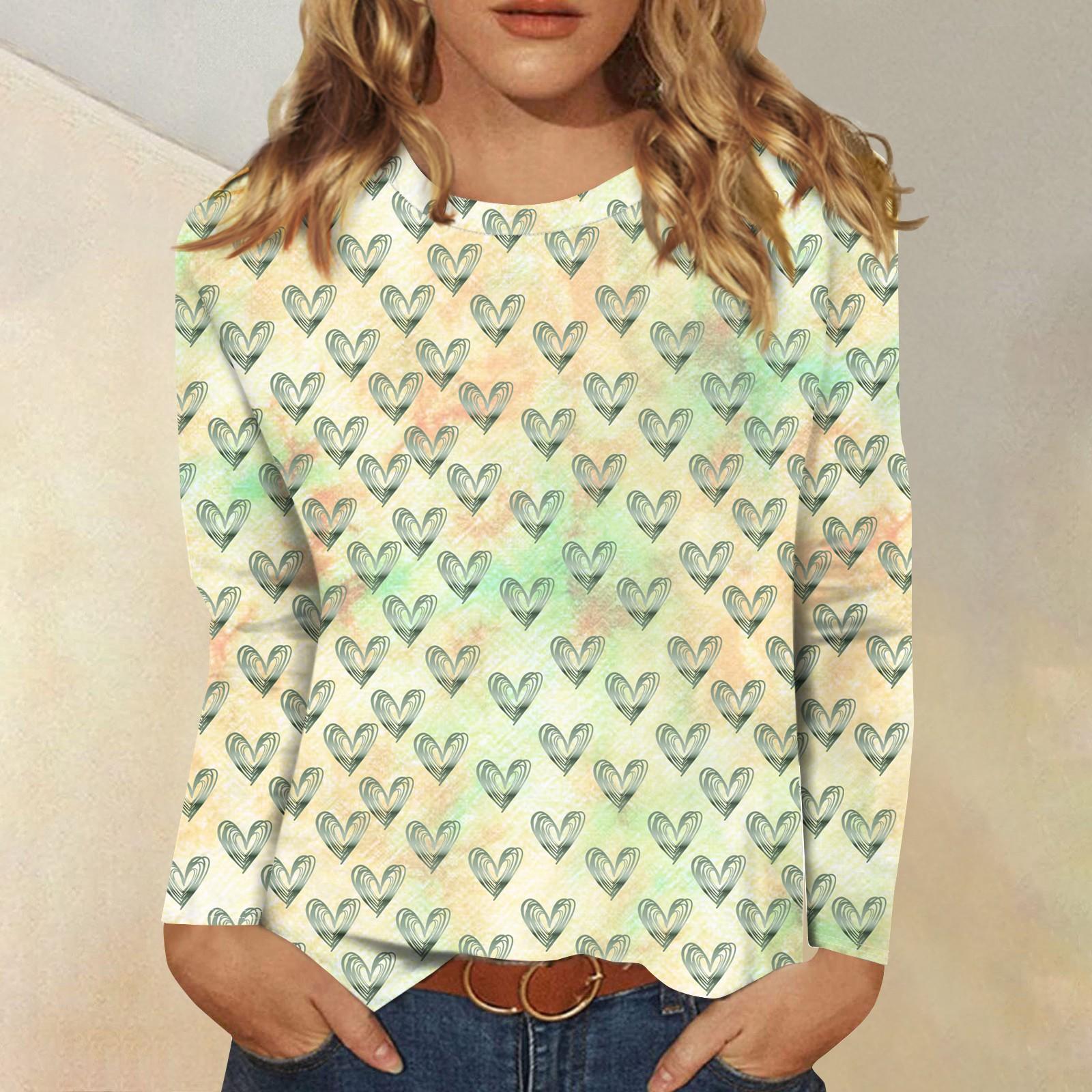 

Рубашки с длинным рукавом для женщин Милые принты Футболки Блузки Повседневные Большие размеры Базовые топы Пуловеры День святого Валентина XXL жёлтый