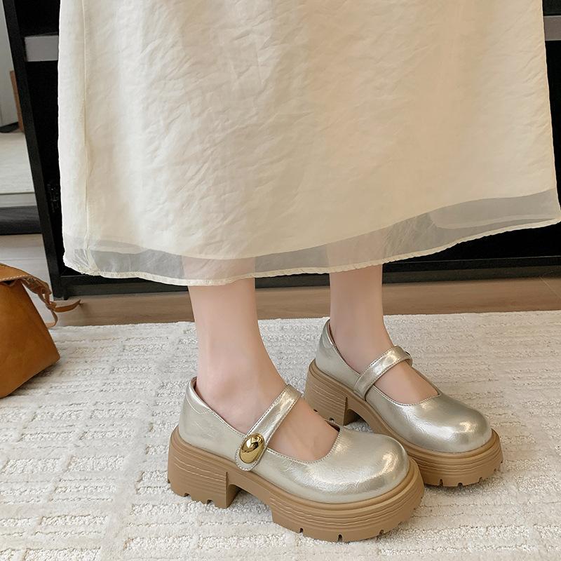 New fashionable versatile flat Mary Jane shoes women's shoes shallow single shoes round head rubber middle heel one-word women's shoes