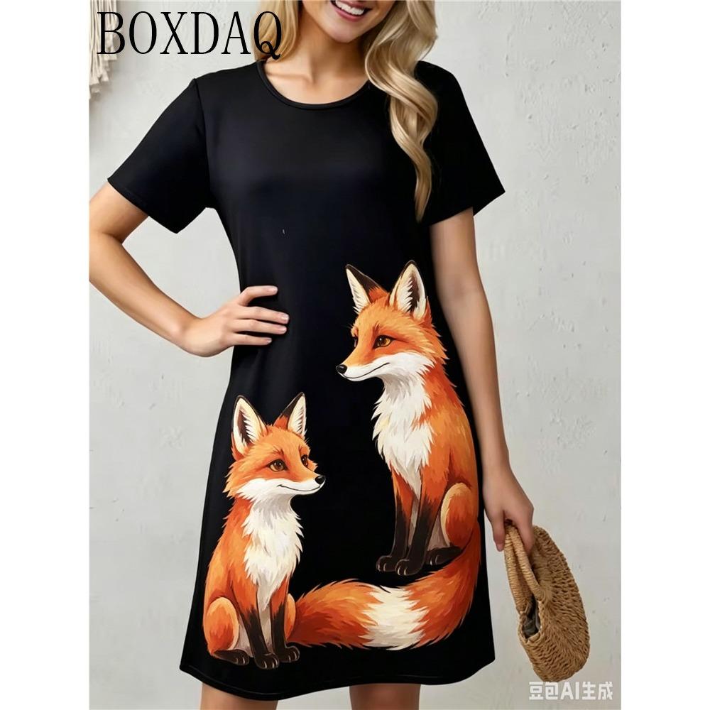 2026 Lässiges und bequemes Rundhals-Kurzarm-Kleid für Damen mit süßem Tierprint, lockerer Schnitt
