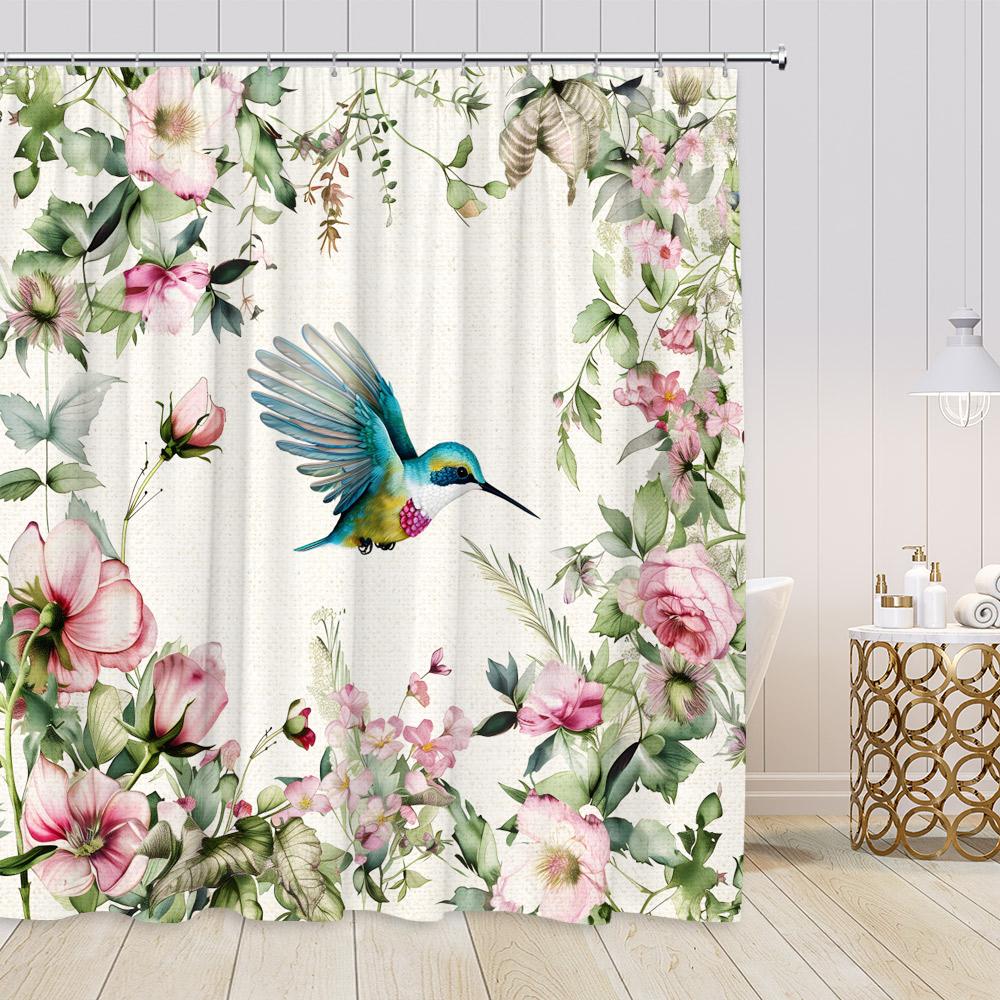 Květinové sprchové závěsy s kolibříky Ptáci Kvetoucí květy Barevný květ Zeleň Rostliny Moderní jarní koupelnová dekorace