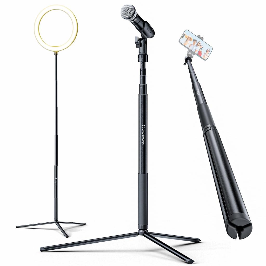 CACENCAN PT-01 Microphone Stand, Straight, with Mic Holder, Aluminum, Lightweight, 175cm Adjustable Height, Foldable, 5-Level Adjustment, Easy To