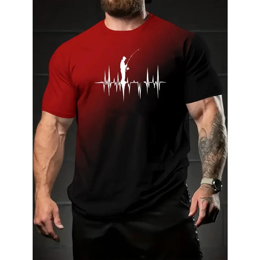 Men'S Casual Crew Neck T-Shirt with Fishing Heartbeat Graphic, 100% Polyester Knit Fabric with Slight Stretch, Regular Fit Short Sleeve Tee