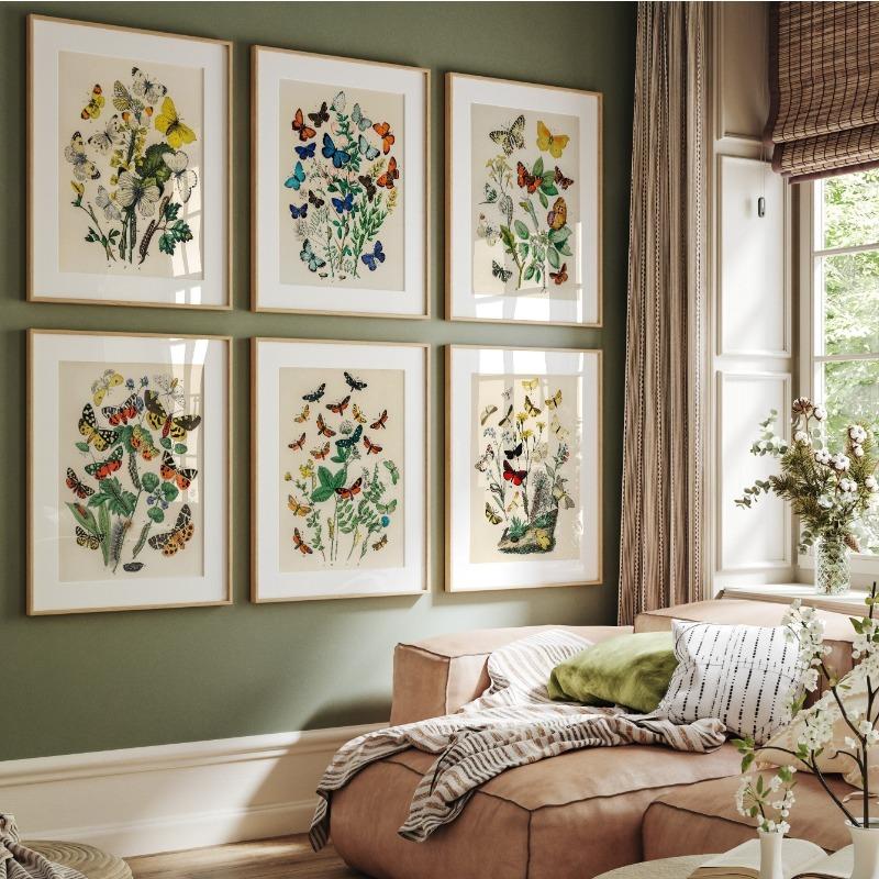 Butterfly Set of 6 Prints Poster Botanical Floral Poster Summer Insect Flower Canvas Painting Wall Art Nursery Room Home Decor