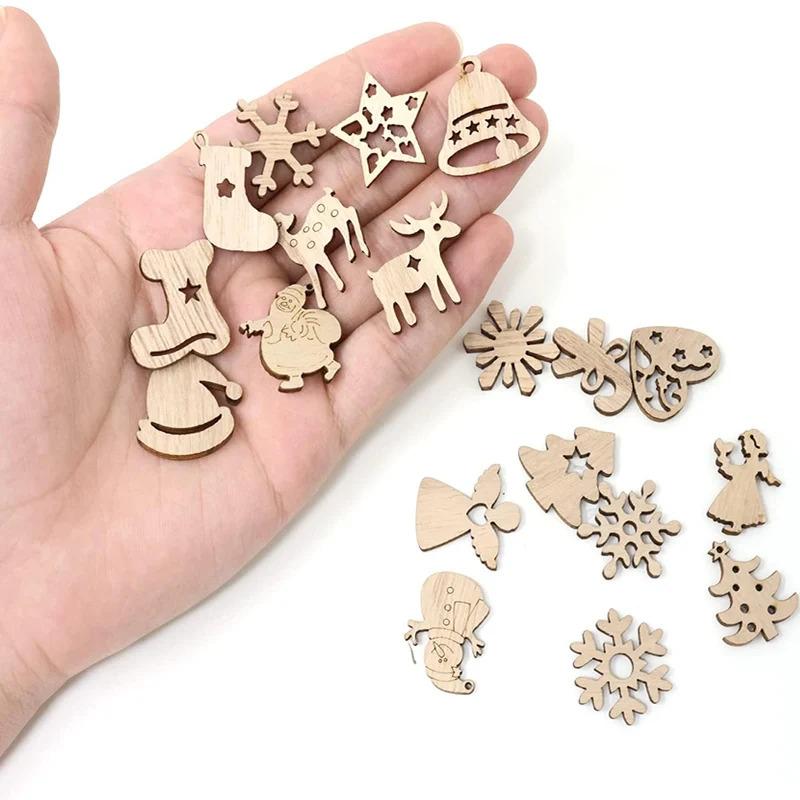 50pcs Mini Christmas Tree Hanging Decor Ornaments Wooden Santa Claus Snowman Deer Pendants Christmas Decorations Small Figurines