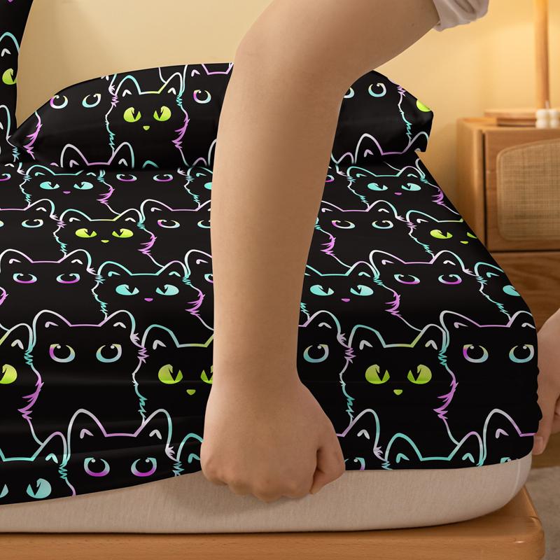 1 Simple Modern Animal Little Cat Printed Matte Fitted Sheet, Bedroom Printed Bed Cover, Bedding (Excluding Pillowcases)
