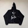 Front Pocket Distressed Hole Zipper Hooded Hoodies Mens Cardigan Streetwear Loose Baggy Sweatshirt Coat