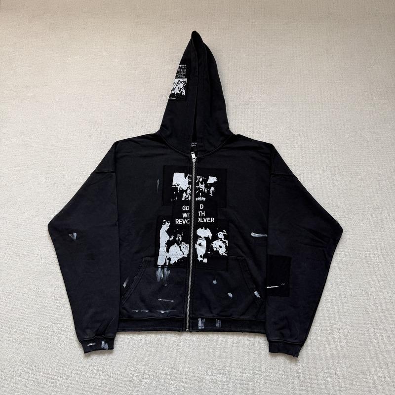 Front Pocket Distressed Hole Zipper Hooded Hoodies Mens Cardigan Streetwear Loose Baggy Sweatshirt Coat
