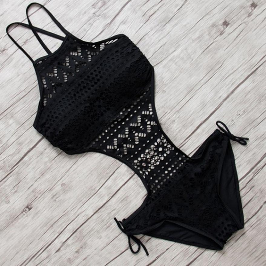 Women Summer Fashion Bikini Lace Bandage Hanging Neck Halter One-piece Swimsuit