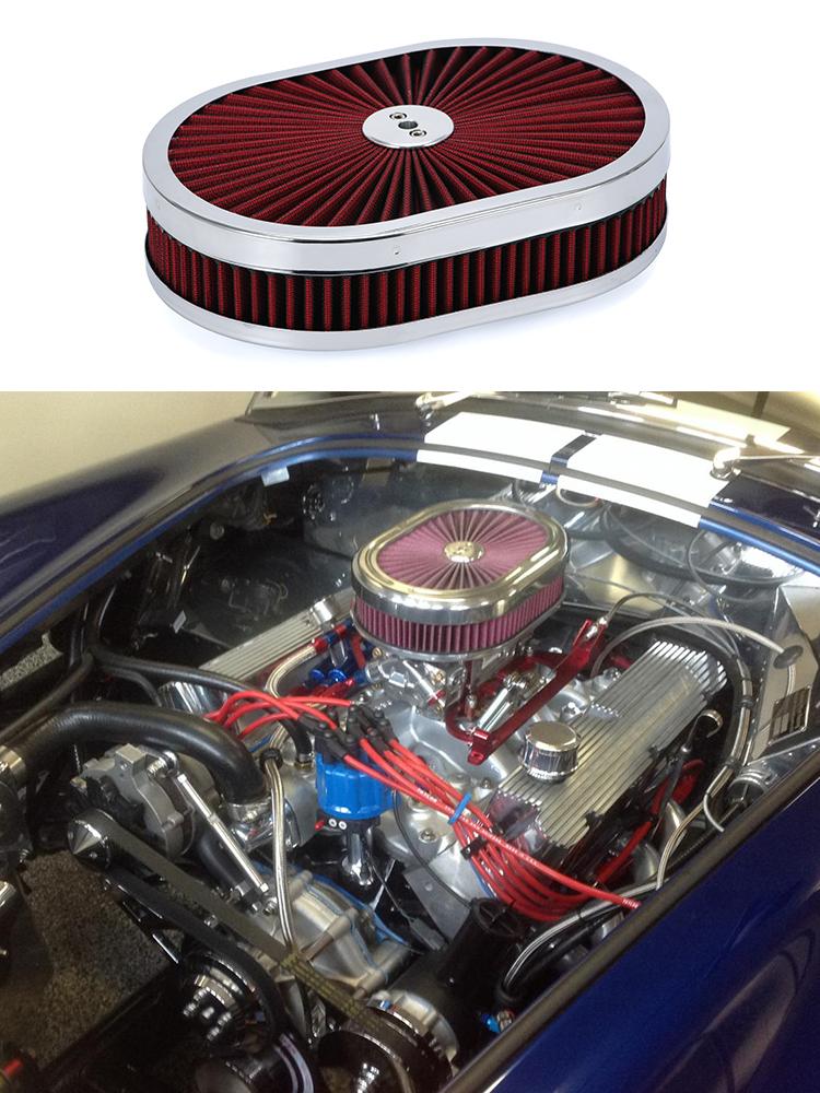 12"x2" Oval Air Cleaner Filter Assembly 5-1/8" Carb Neck W/ Flow-Thru Lid High Flow Chrome for GMC Chevy Ford Chryler Dodge