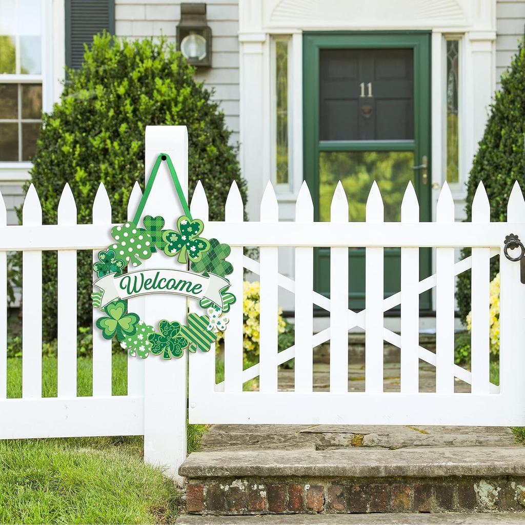 Wooden St. Patrick's Day Decoration Shamrock Door Wreath for Front Door Sign Wall Signs Shamrock Clover Spring Decoration, Irish Sign Welcome Hanging