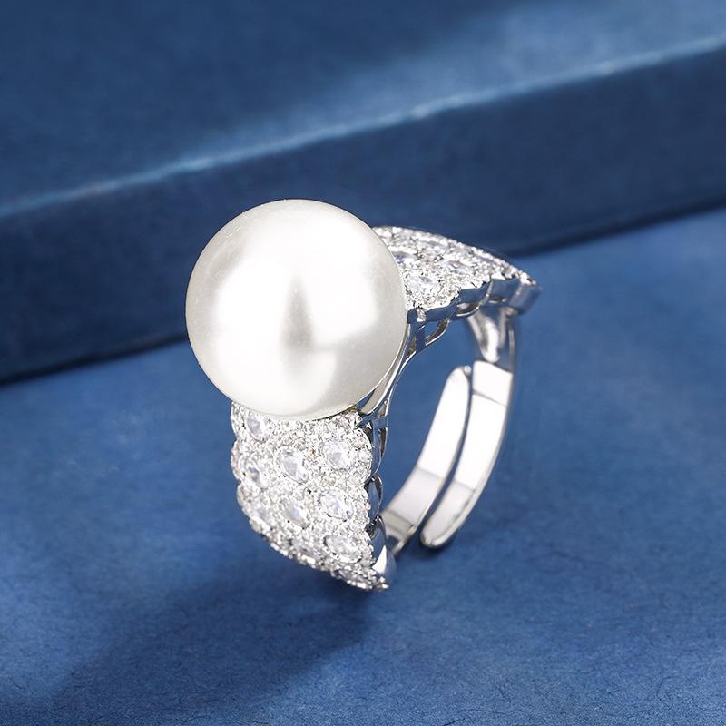 Jewelry Copper Platinum Plated Row Ring Pearl Temperament Personality Women'S Ring 14Mm