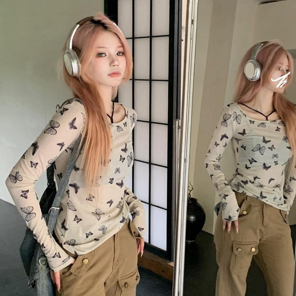Ins Sun-protection Pullovers Butterfly Sheer Tops Korean Style Bottoming Shirts Women  Girls