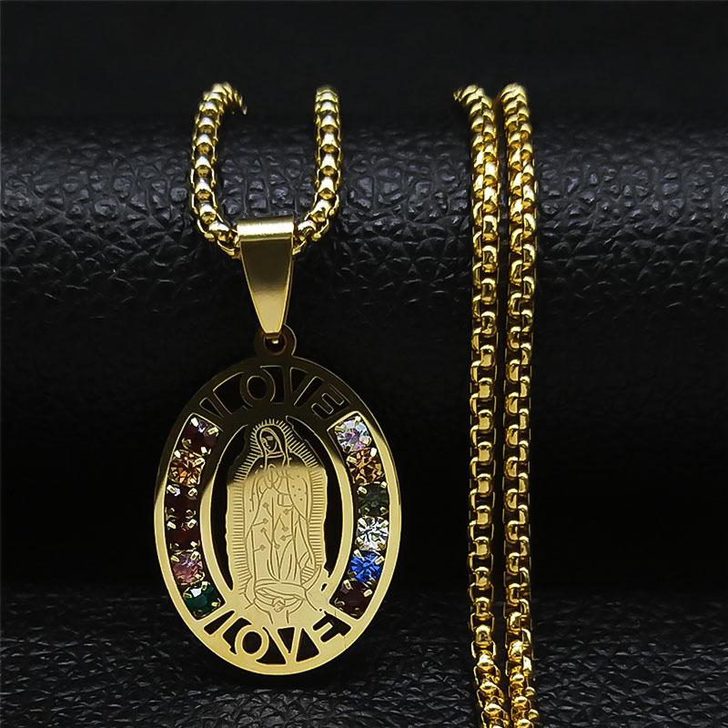 Catholic Jesus Cross Stainless Steel Necklace Saint Benedict Crystal Virgin Mary Pendant Crucifix Male Necklaces Jewelry Cruz