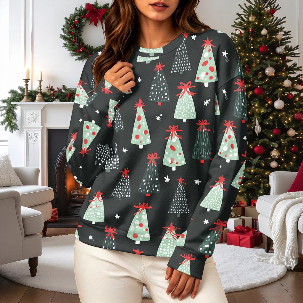 Women's Casual Long Sleeve Christmas Print Neck Pullover Sweatshirt
