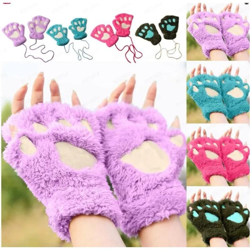 Cute Cat Claw Gloves Women Girls Thickened Plush Mittens Lovely Bear Paw Exposed Fingers Half Finger Winter Warm Hand Warmer