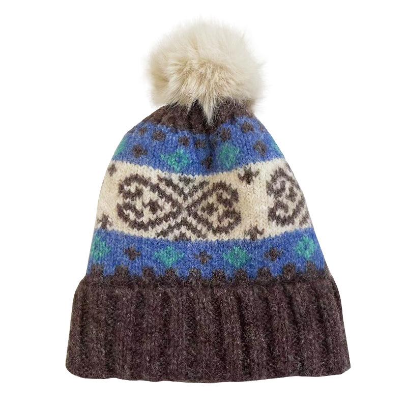 Cat Brother Retro Fair Isle Pom-Pom Knit Hat - Autumn/Winter Warmth