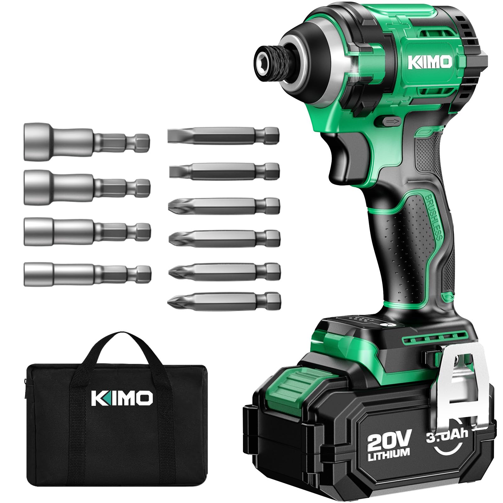 

Беспроводной ударный шуруповерт KIMO 20В 3,0 Ач 200 Н·м 4 режима 3602B зелёный