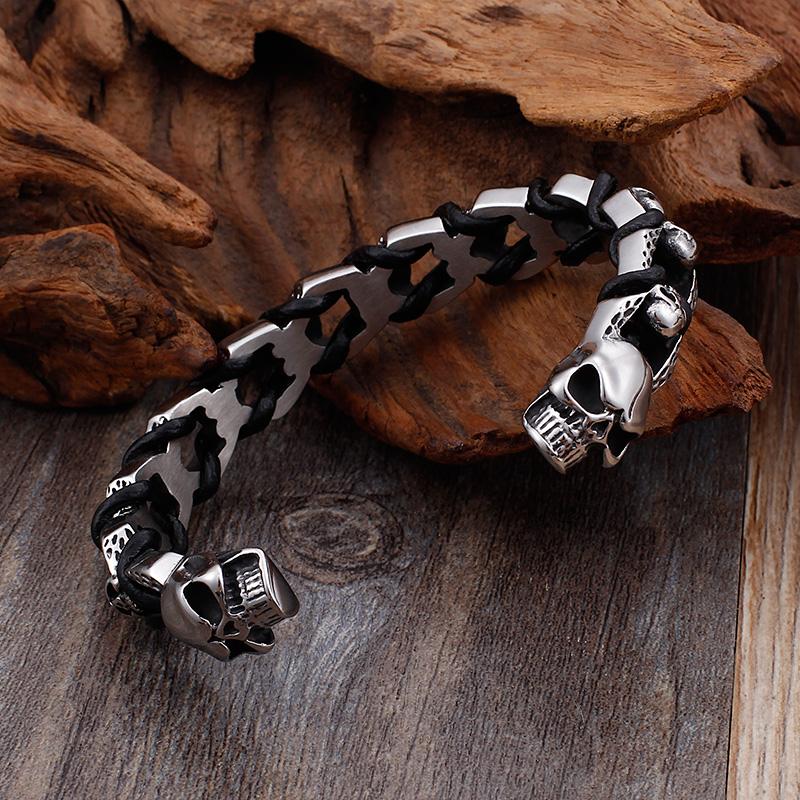 Punk Rock Schädel Wolf Drachenkopf Geformtes Offenes Armreif für Männer Edelstahl & Echtes Leder Armbänder Schmuck für Biker