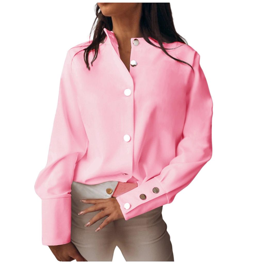 Women Stand Collar Long Sleeve Metal Button Solid Casual Blouse Shirt Top