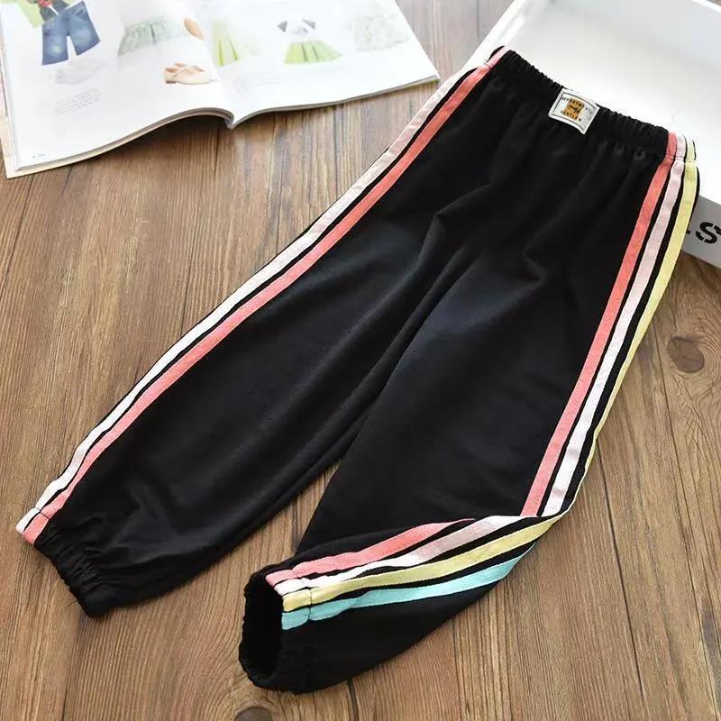 Girls' Ice Silk Cotton Rainbow Striped Casual Mosquito Pants Big Children's Baby Thin Sports Trousers Summer