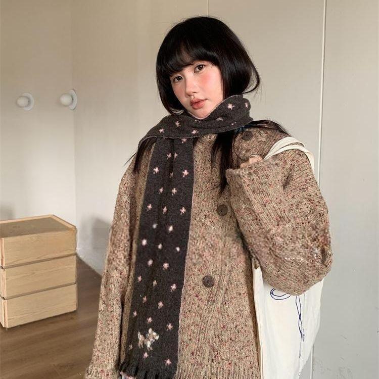 [Winter girly feeling] Korean niche design wool blended cartoon deer jacquard knitted warm scarf women