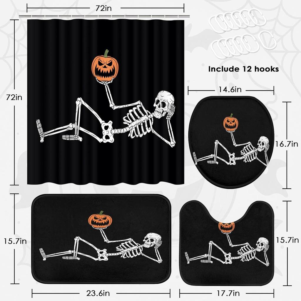Halloween Shower Curtain Sets With Rugs Halloween Skeleton And Pumpkins Bathroom Set With Non-Slip Rug, Toilet Lid Cover