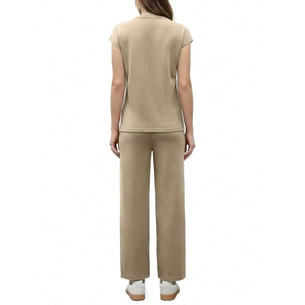 Fashion Women's Spring And Summer Short Sleeved V-neck Top Loose Wide Leg Pants Set