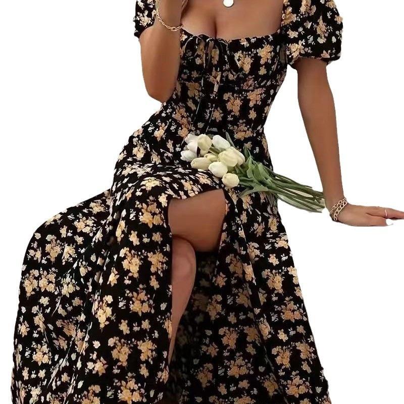 European and American Women's Clothing 2026 Summer New Small Fresh Floral Slim Split Fork European and American Suspender Dress Women