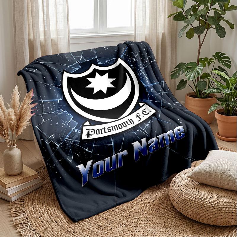 Portsmouth FC Custom Name Text Flannel Blanket Soccer Logo Personalized Fleece Throw Blanket Special Gift For Sofa Bedroom Home