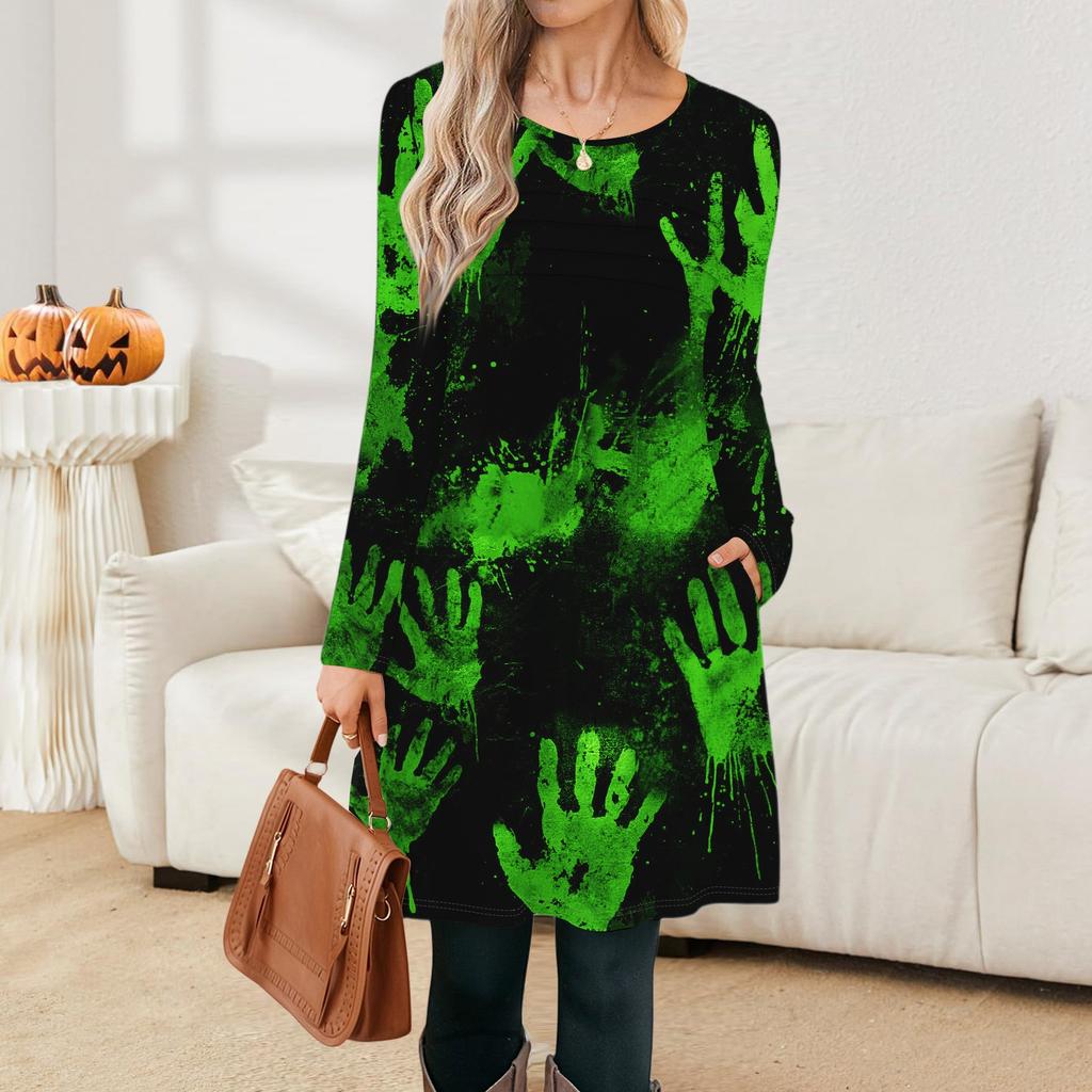 Damen Langarmkleid Herbst Freizeit T-Shirt Lockere Passform Plissiertes Vorderteil Kleider mit Taschen