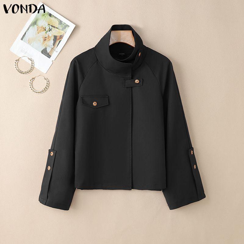 VONDA Autumn Spring Women Stand Collar Button Long Sleeve Casual Loose Short Jacket Gargo Thin Coats