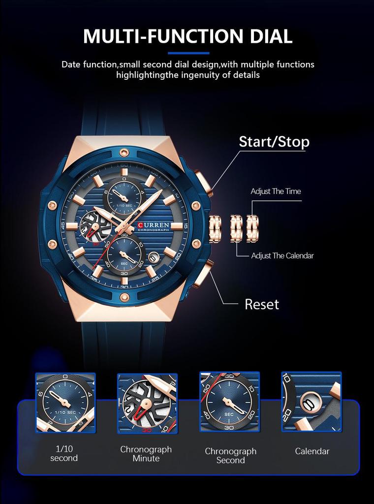 CURREN 8462 Men's Waterproof Chronograph Sports Watch with Calendar and Six-Hand Quartz Movement.