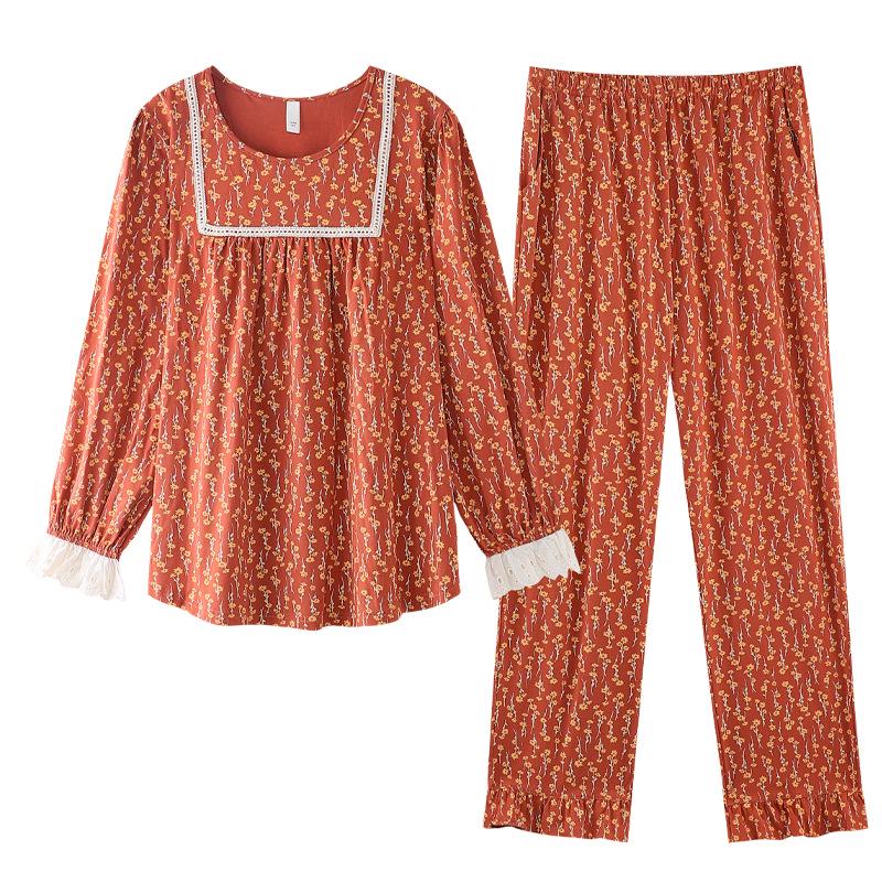 

Женская весенняя хлопковая пижама с длинным рукавом - новый стиль 2025, высококачественная осенняя одежда для мам среднего возраста, комплект больших размеров L