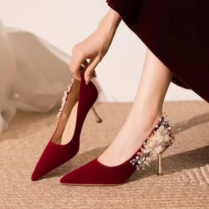 Fashion Temperament Flower Stiletto Single Shoes Autumn New Pointed Toe Shallow Suede Slip Non-slip High Heels